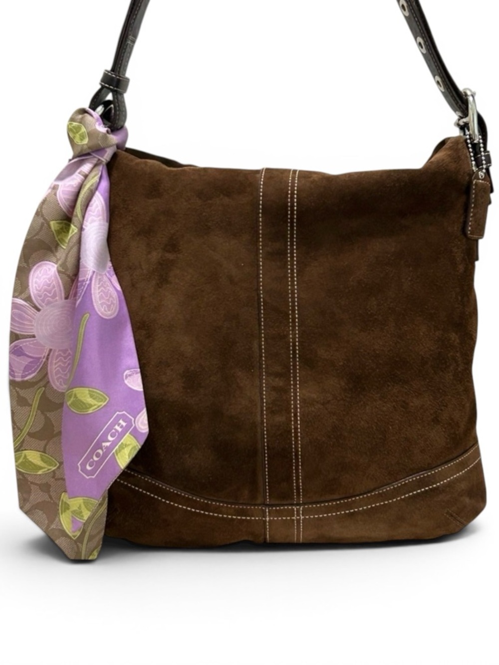 COACH Suede w/Leather Trim SoHo Duffel 2 Way Adjustable Strap Silk Coach Scarf